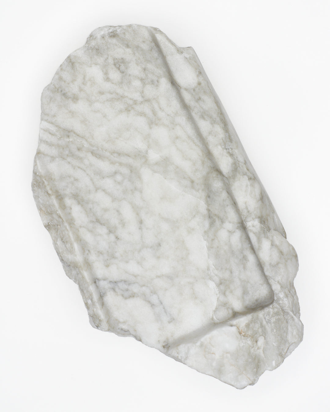 Top-down: light gray-green alabaster tray with gray streaks, light veining, beige flecks.