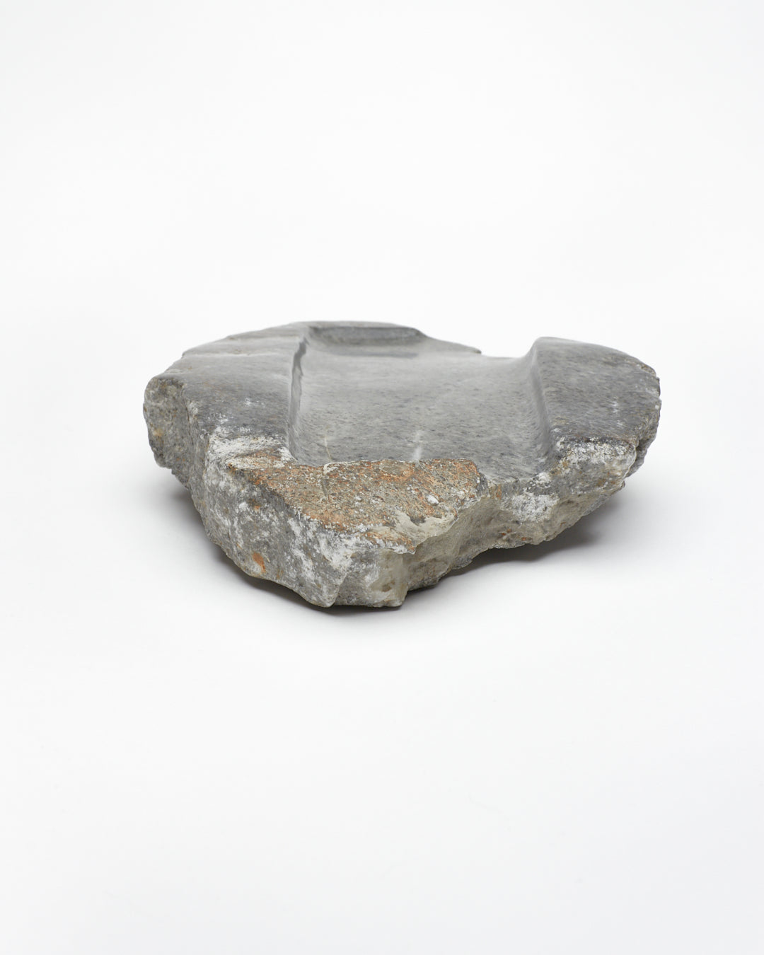 Back: organic-shaped gray stone tray with raw edges, and brown and white flecks.
